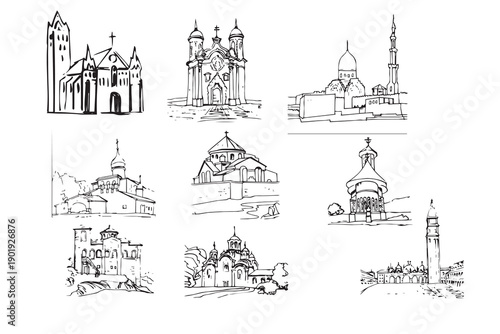 Architectural Sketches: A collection of architectural sketches, showcasing diverse church designs. Hand-drawn details, providing an artistic exploration of religious structures and design elements.