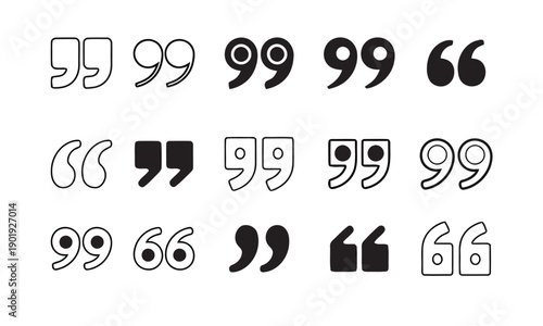 Various quotation mark icons in different styles and fills, symbolizing speech, dialogue, text, and important phrases for content creation and design