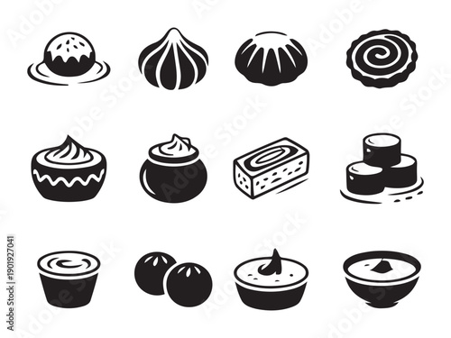 Various sweet and dessert icons featuring pastries, chocolates, cookies, candy, muffins, ice cream, and cakes for bakery or confectionary themes.