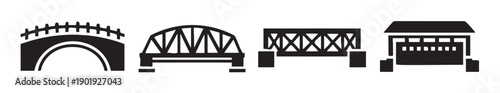 Various types of bridges architectural designs, iconic structures, transportation engineering, crossing, connection, infrastructure, cityscape elements, graphic icons.