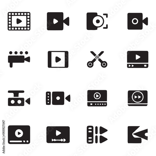 Various video icons including play buttons, cameras, video players, and editing scissors, suggesting film, recording, and digital media production concepts