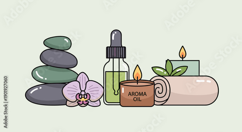 Collection of spa and wellness items including stacked zen stones, essential oil, an orchid flower, and lit candles for aromatherapy and relaxation in a flat illustration style