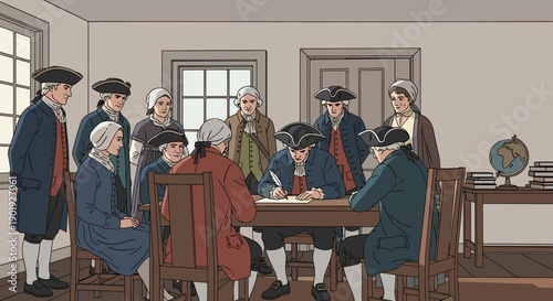 Illustrated group of colonial-era people in historic attire witnessing a man sign a significant political document with a quill pen at a wooden table in a room