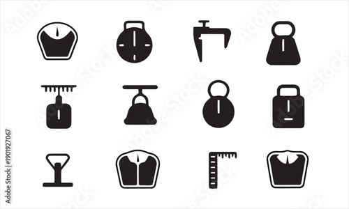 Various weighing scales and weights in a collection of twelve icons, representing measurement and mass, set of balance and weight instruments, calibration and precision tools for weight