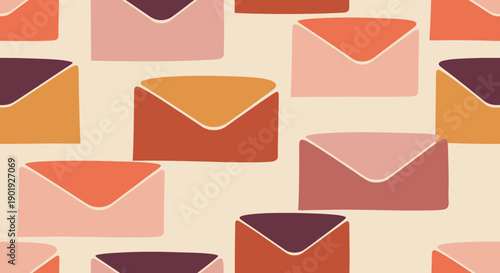 Colorful hand-drawn style envelopes in a seamless pattern with a warm, retro color palette of terracotta, pink, and mustard on a light cream background