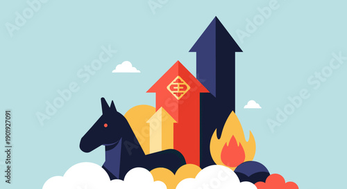 Dark horse investment concept illustration showing a powerful stallion with upward arrows and flames representing unexpected success, rapid growth, and market leadership