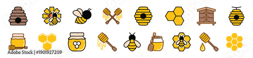 Vibrant collection of honey and bee related icons, featuring beehives, bees, flowers, honey dippers, honeycombs and jars in colorful designs