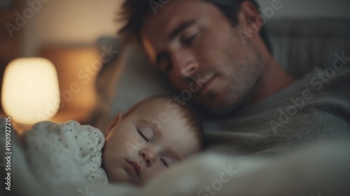 Father and his baby sleeping together in bed. the father is lying on his side with his head resting on the baby's chest.