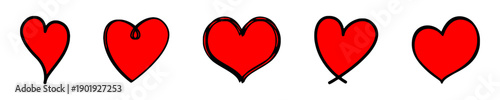 Vibrant red heart icons in various artistic styles, from simple outlines to hand-drawn sketches, symbolizing love, emotion, and affection for design