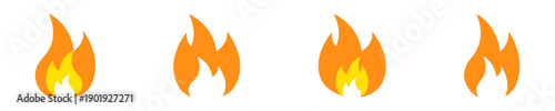 Vibrant flame icons in multiple styles, showcasing stylized fire elements in orange and yellow hues, ideal for representing heat, energy, and passion in designs