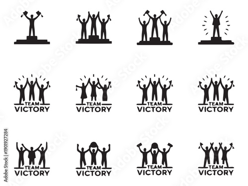 Victorious sports teams celebrating success on podiums with trophies and raised arms, symbolizing achievement, teamwork, and championship moments.