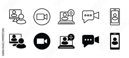Video call icons collection, computer screen with people, video camera symbol, laptop call, chat bubble with video, and smartphone call, online communication, meeting.
