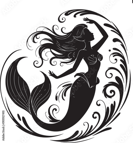 black silhouette of a mermaid with long hair and a tail surrounded by swirling waves