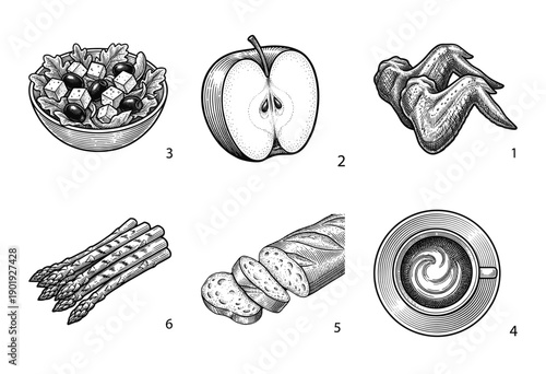Collection of food and beverage hand drawn engravings featuring salad, apple, chicken wings, asparagus, baguette, and coffee.