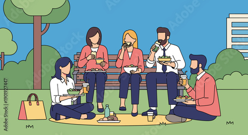 Diverse group of office colleagues eating lunch together on a park bench, enjoying a healthy meal and conversation in a city park during a sunny day break, flat vector illustration
