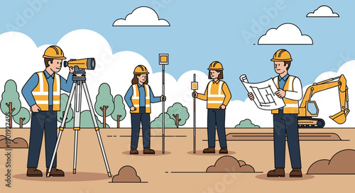 Team of land surveyors and engineers working on a construction site with a theodolite, leveling rods, and blueprints, with an excavator in the background illustration