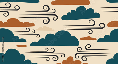 Seamless pattern with stylized wind and clouds in a retro color palette, a flat vector illustration depicting a windy weather day with a minimalist, abstract style on a beige background