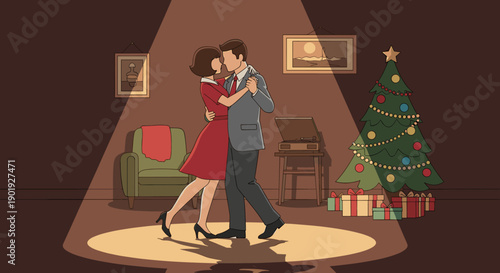 Romantic retro cartoon couple dancing intimately in a warm spotlight, celebrating the holidays in a cozy living room with a Christmas tree and a vintage record player