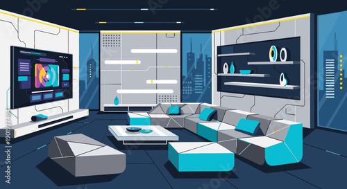 Futuristic living room interior with geometric furniture, a large smart TV screen, and panoramic windows showing a nighttime cityscape in a flat vector illustration style
