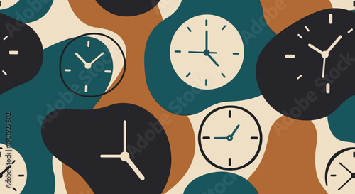 Seamless pattern of minimalist analog clocks with simple hands on an abstract background with organic shapes, a modern flat design illustration with a retro color palette