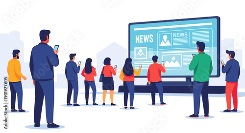 Crowd of diverse people using smartphones to read online news in front of a large digital billboard, a vector illustration concept for media and technology