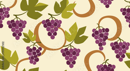 Stylized purple grape bunches with green leaves and brown vines in a seamless repeating pattern, a flat vector illustration perfect for backgrounds and textiles