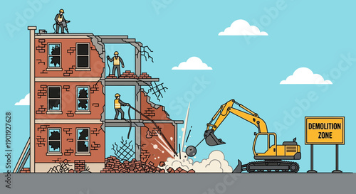 Partially demolished brick building with construction workers and an excavator using a wrecking ball to tear down the structure in a demolition zone