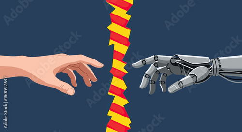 Human hand and a robotic hand are separated by a jagged red and yellow barrier, symbolizing the conflict between humanity and technology in a vector illustration