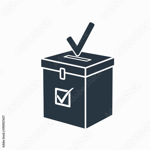 A dark blue ballot box with a checkmark on the front and a checkmark-shaped slot on top