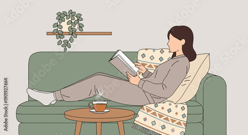 Relaxed woman in cozy loungewear reading a book on a green sofa, enjoying a quiet moment at home with a hot drink, in a minimalist flat vector illustration style