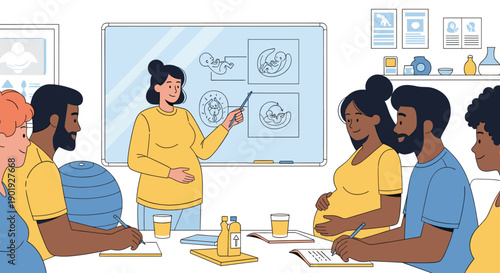 Diverse group of expecting parents in a childbirth education class taking notes while a pregnant instructor explains fetal development on a whiteboard