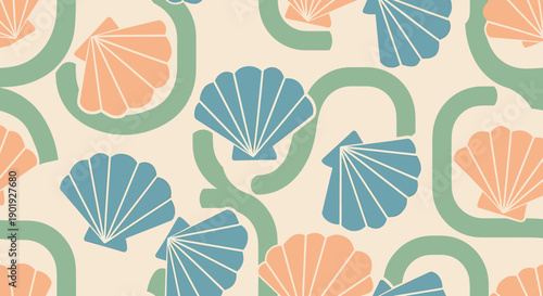 Seamless pattern with stylized blue and orange seashells and abstract green lines in a modern, minimalist style, a contemporary coastal design on a light beige background