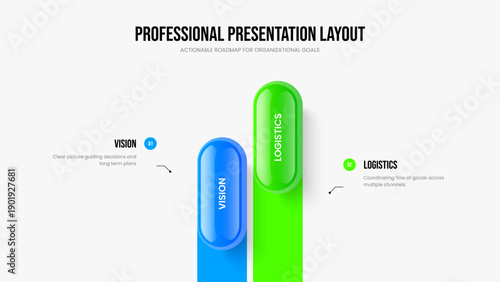 Market Review Slide Layout Vector Illustration. Visual Insight 2 Option Infographic Slideshow Template. Modern Profile Two Step Diagram Presentation Design.