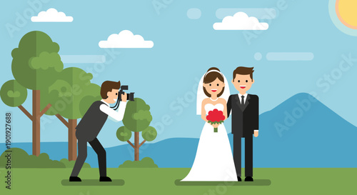 Cartoon wedding couple and photographer illustration shows a happy bride and groom posing for a picture in a beautiful outdoor park setting on a sunny day
