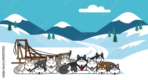 Team of illustrated husky sled dogs are resting peacefully in the snow next to their wooden sled in a serene winter landscape with mountains and trees