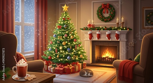 Wallpaper Mural Cozy Christmas Living Room with Decorated Tree and Fireplace. Torontodigital.ca