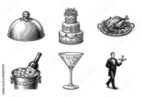 Vintage style engraving illustration of a luxury banquet collection featuring catering items, fine dining icons, and a waiter