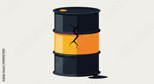 Cracked black and orange oil barrel leaking crude petroleum from a large fissure, symbolizing an environmental disaster or industrial accident, isolated on a light background