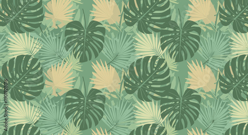 Seamless tropical pattern with monstera and palm leaves in a muted green and beige color palette, creating a stylish and modern jungle foliage background for textile or wallpaper