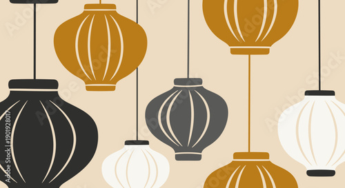 Hanging paper lanterns in a minimalist illustration featuring a modern, flat design and a muted color palette of mustard, grey, and cream on a beige background for a stylish wallpaper