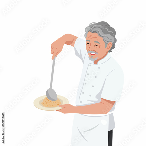 An older chef in a white uniform holding a plate of pasta and a serving spoon, viewed from the side.