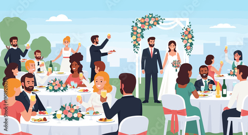 Festive outdoor wedding reception scene with a happy bride and groom standing under a floral arch while diverse guests toast and dine at tables in a park