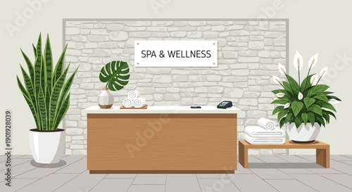 Spa and wellness reception desk interior illustration with a wooden counter, clean towels, and lush green plants against a modern light stone wall in a serene setting