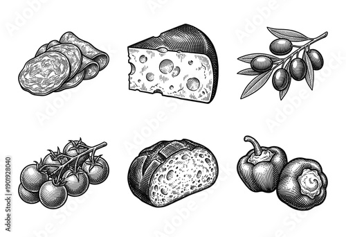 Vintage woodcut illustration set of Mediterranean food ingredients including cheese, bread, olives, meat, tomatoes, and peppers.
