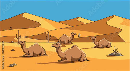 Four illustrated brown dromedary camels are resting peacefully on the hot sand of a vast desert landscape with golden dunes, cacti, and a clear blue sky in a flat cartoon style