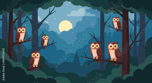 Six cute cartoon brown owls sitting on tree branches in a dark mysterious forest at night with a full moon and stars in the sky, a flat vector style nature illustration