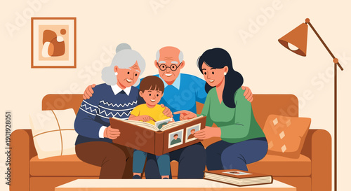 Happy multi-generational family with grandparents looking at a photo album with their grandson and mother on a cozy couch, sharing warm memories and smiling together