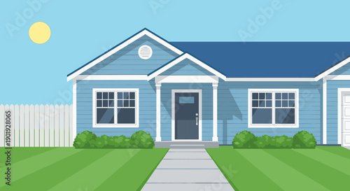 Blue single-story suburban family house with a front porch, green lawn, and white picket fence on a sunny day with a clear blue sky