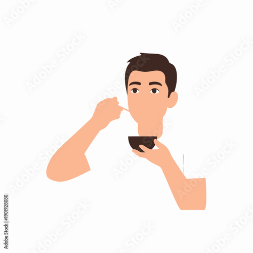 A man enjoying a meal from a bowl with a spoon in a simple illustration.