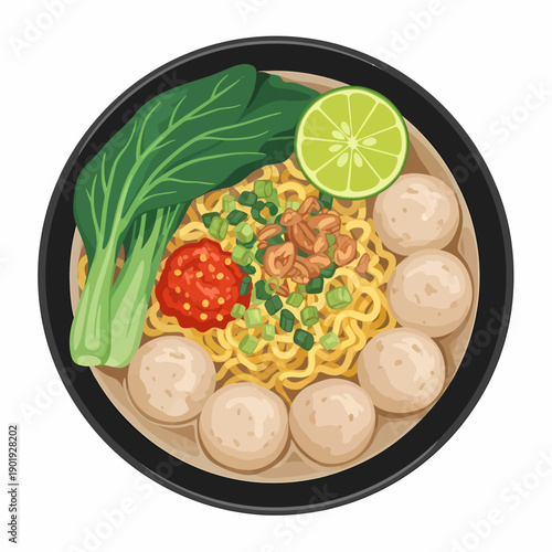 A vibrant bowl of noodles with vegetables and meatballs, viewed from directly above, showcasing a delicious meal.